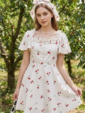 NWT Quaint White Cherry Fit & Flare Mini Dress Square Neck Flutter Sleeve